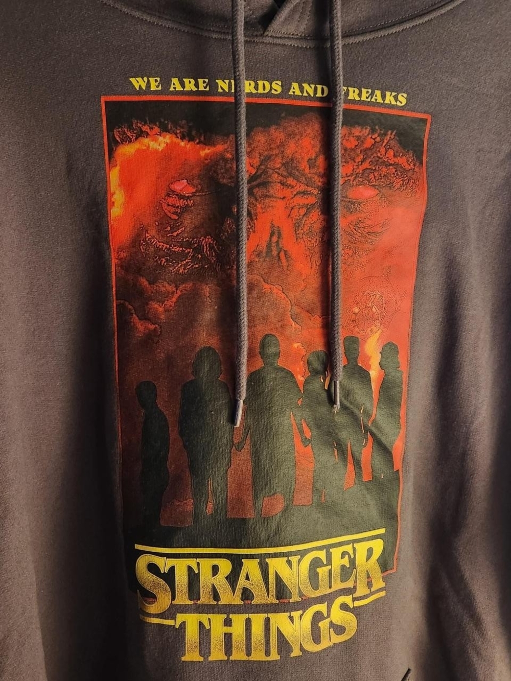 Netflix Stranger Things Mens Dark Gray Hoodie with Red and Yellow Graphic